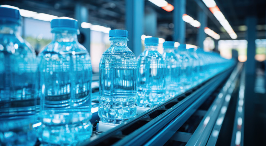 Automated production of bottled water at a plant with machinery and workers ensuring quality and efficiency