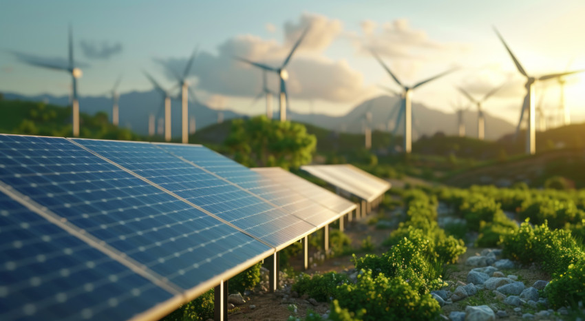 Sun and wind working together on a field to create green energy through solar power generation and wind turbines