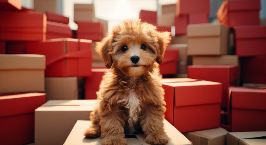 Cute puppy faces a row of neatly stacked boxes