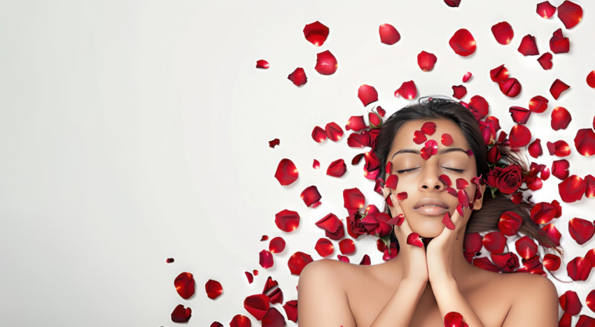 An Indian woman with rose petals lying down on a white background Beauty treatment concept