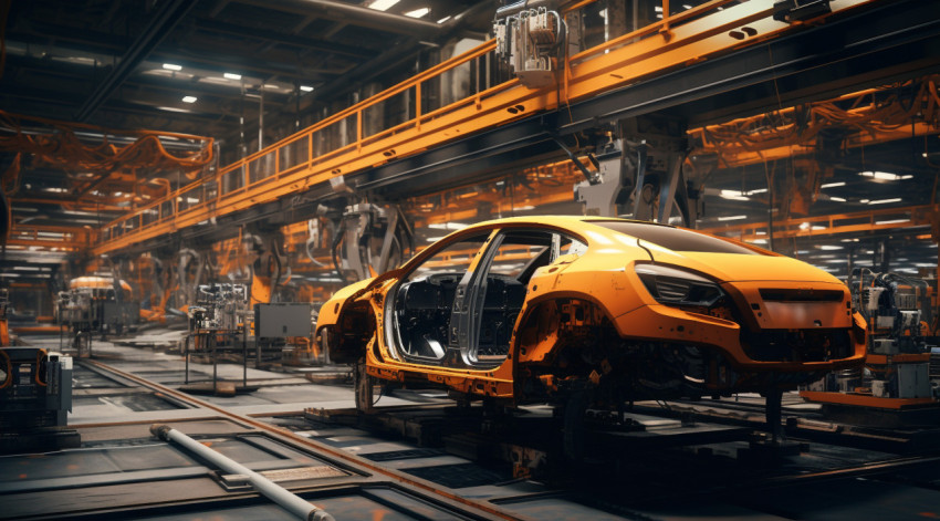 A car on an assembly line is being worked on by robots