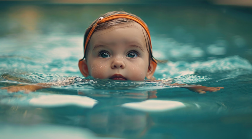 A baby girl having fun in the pool