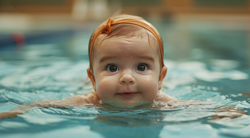 Baby girl happily swims in a pool