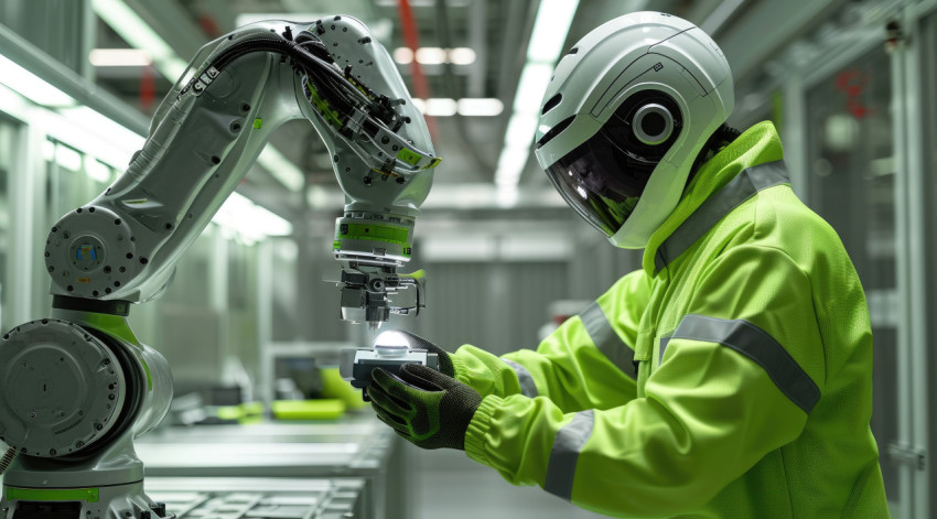 Industrial worker using a robotic arm in a factory