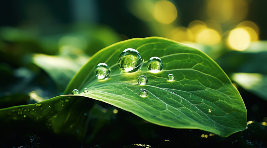 Glimmering white droplet on lush green leaf captures the essence of pure natural simplicity