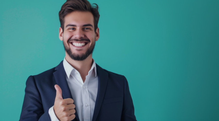 Smiling male businessman shows thumbs up