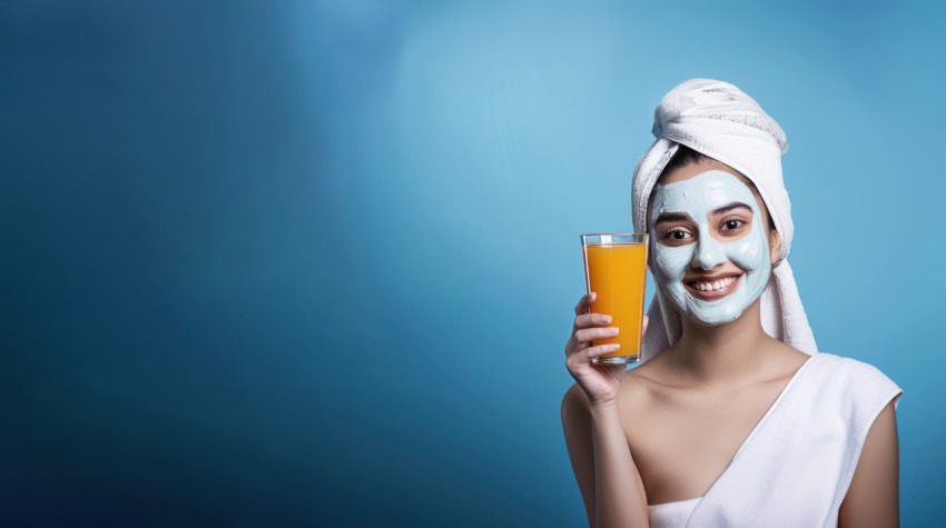 An Indian woman with a facial mask and towel on her head holding a glass of orange juice against a blue background Beauty treatment concept