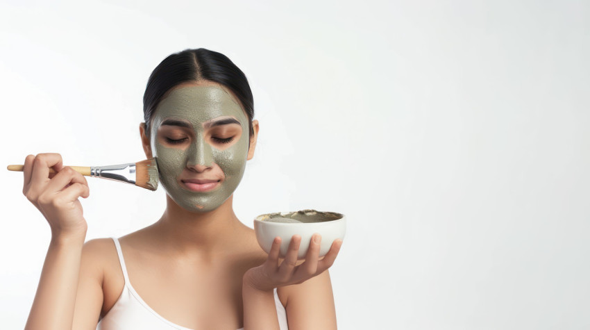 Indian woman holding a bowl and applying a clay face mask to face with a brush isolated on a white background