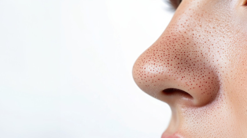 Close up of a nose with a blackhead on a white background skin problem theme