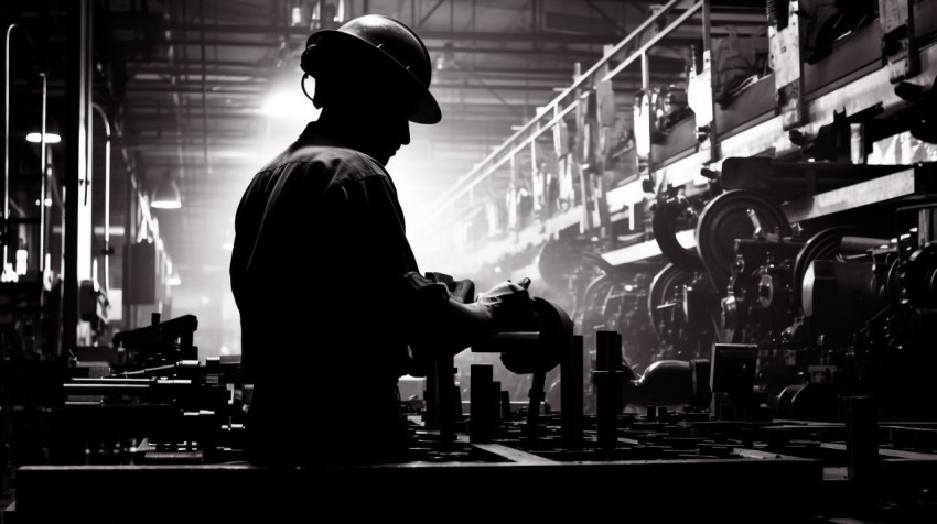 A shot of a factory worker silhouetted against a wall of machine