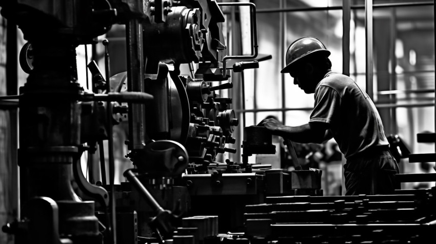 Factory Worker Silhouetted Against Machinery