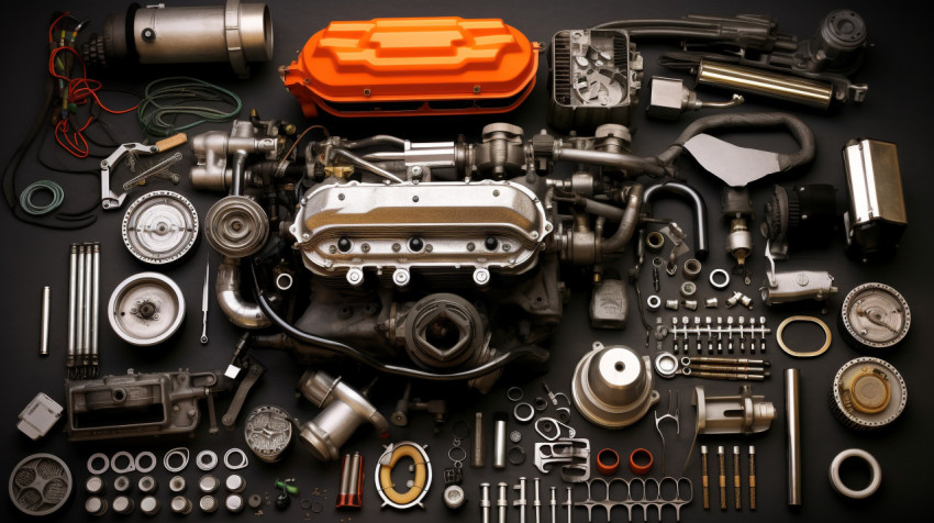 A shot of a car engine with all the parts laid out in a grid