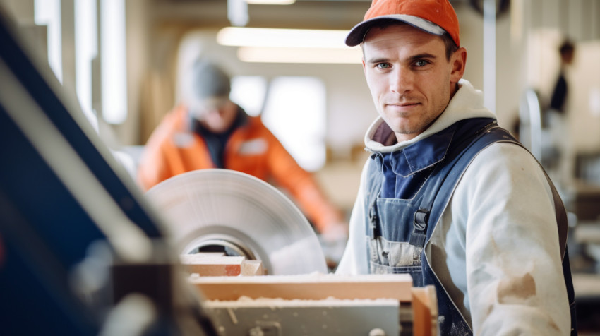 A portrait of a worker with a machine in the background the work