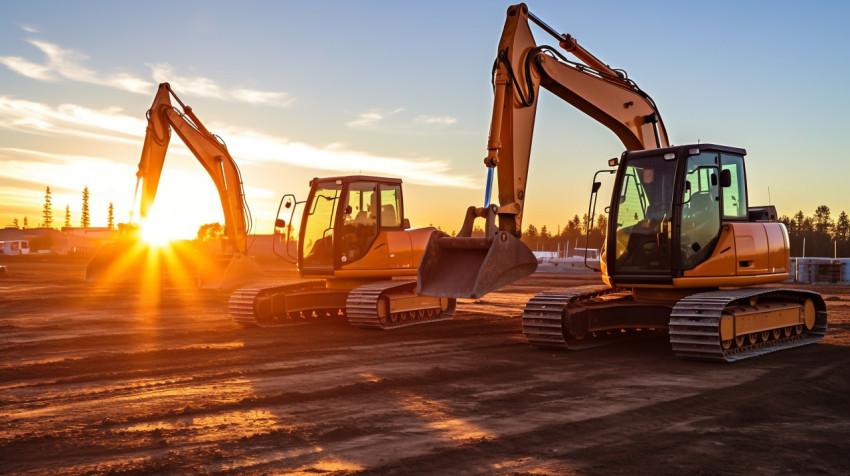 A construction site with two heavy wheeled tractors one excavato