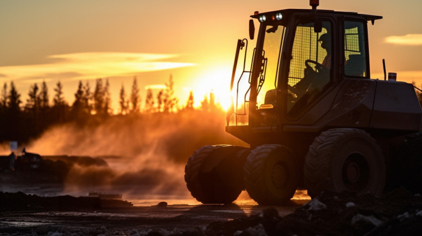 Bulldozer Operator Working in the Sunset