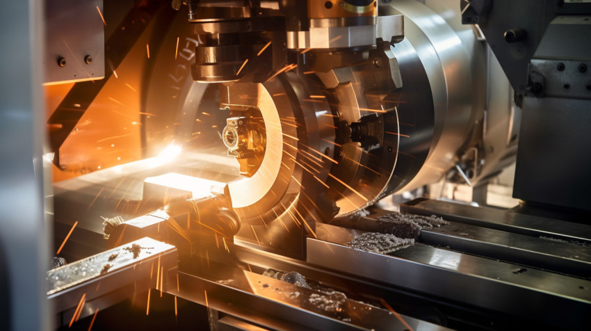 A cnc turning machine is seen from above the machine is cutting