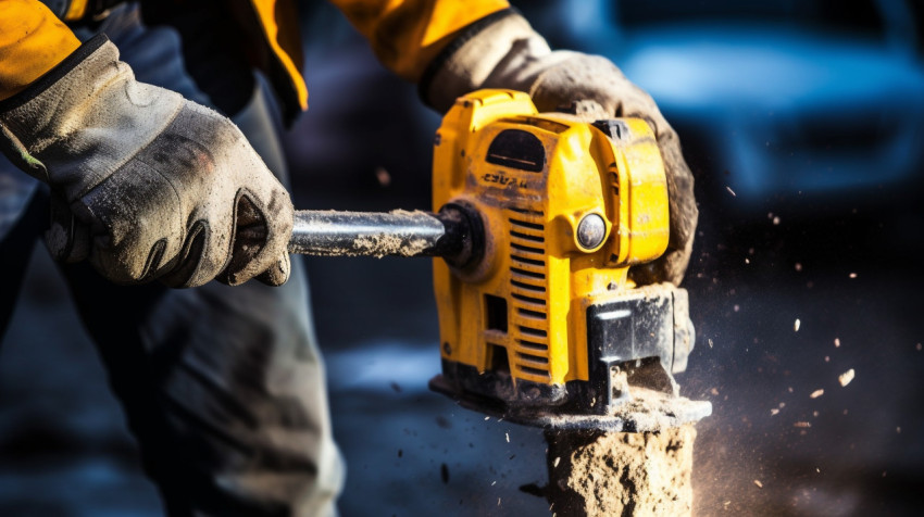 A close-up of a jackhammer its teeth biting into concrete the ja