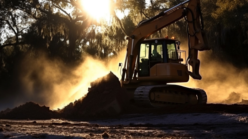 A wide shot of a bulldozer pushing a pile of dirt the bulldozer