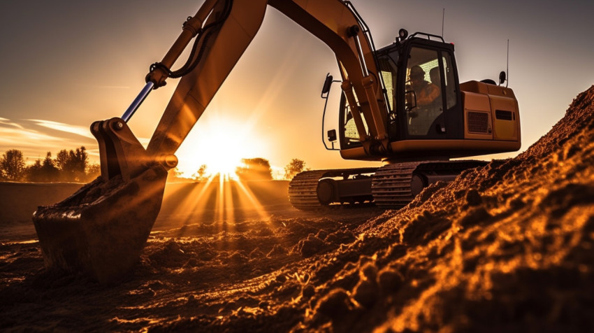 A low-angle shot of a excavator digging a trench the excavator i