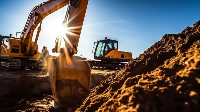 Excavator in the Foreground Digging Trench