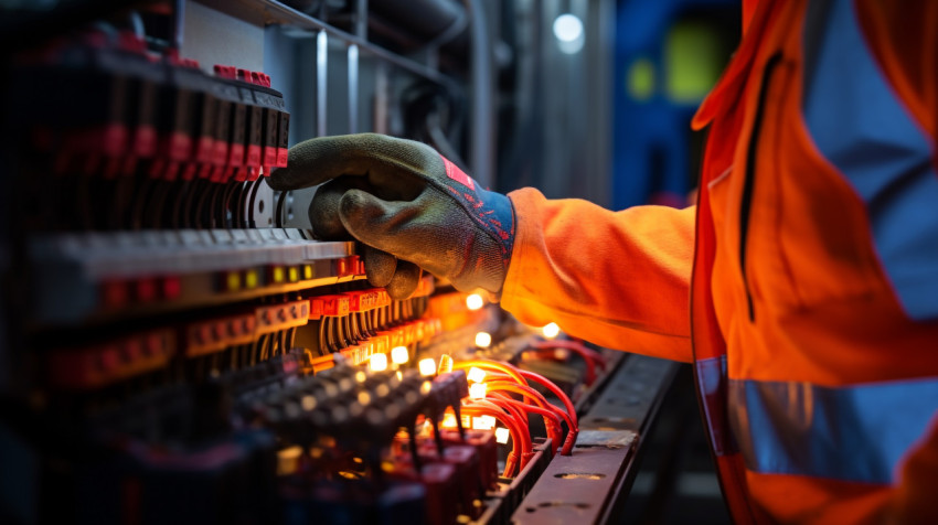 A close-up of a workers hands operating a control panel on a pie