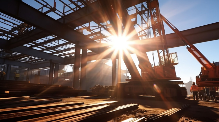 A high-angle shot of a crane lifting a load of steel beams the c