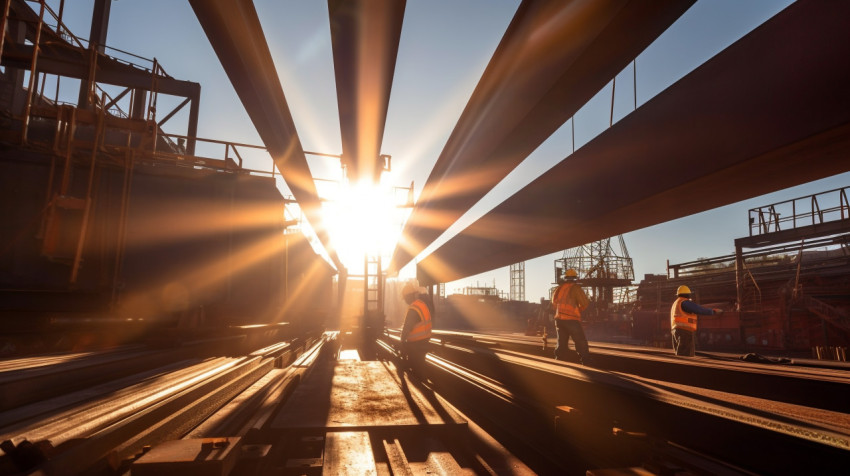 High-Angle Shot of Crane Lifting Steel Beams