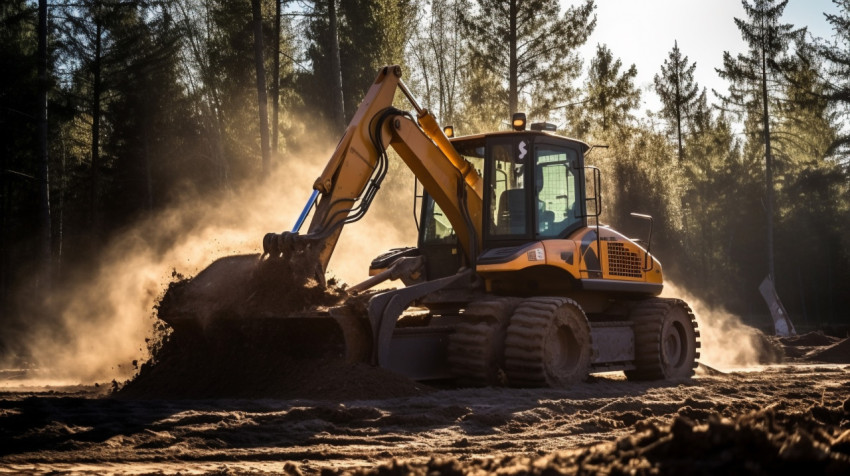 A wide shot of a bulldozer pushing a pile of dirt the bulldozer