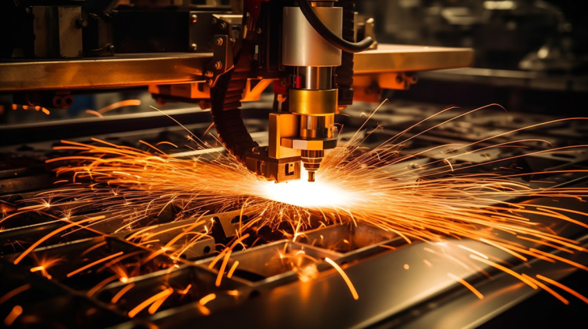 A close-up of a laser cutting through a piece of metal with the