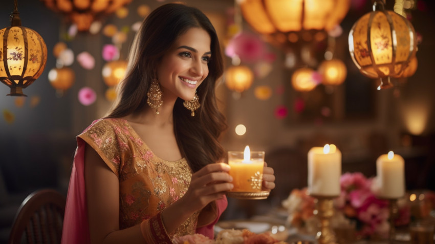 Woman Holding Diwali Lantern