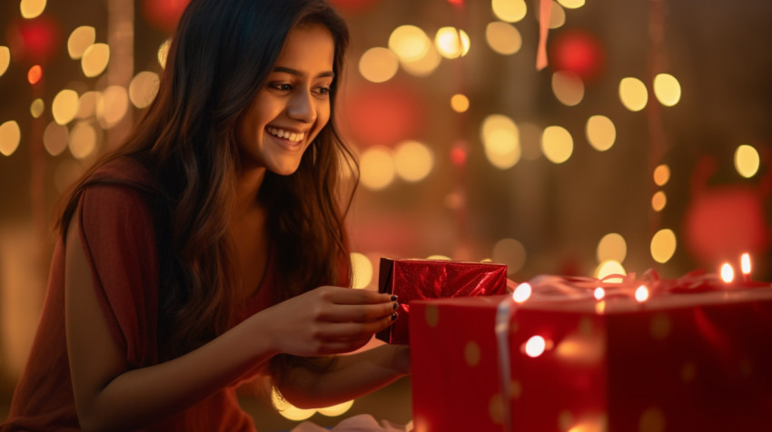 A beautiful young woman smiling and looking at her gift box