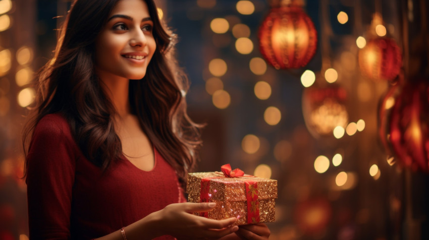 A woman holds up a gift box with lights A woman holds up a gift box with lights