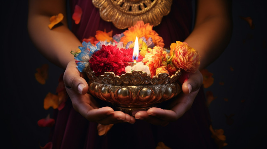 Hands holding a candle and flowers lit with adornments Hands holding a candle and flowers lit with adornments
