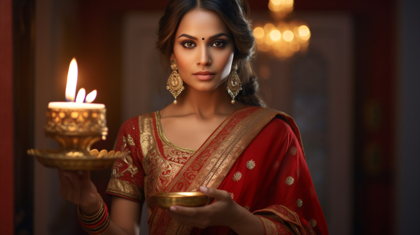 A lady dressed up in a red sari holding a lit lamp