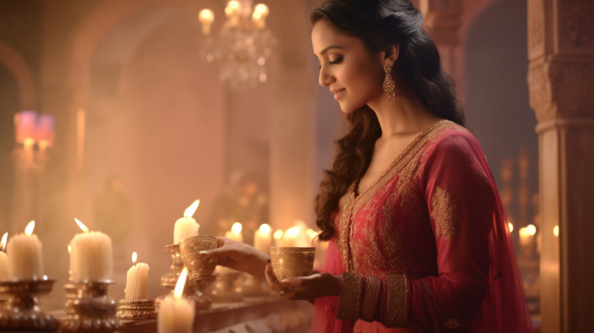 Woman dressed in sari and holding diwali wick Woman dressed in sari and holding diwali wick