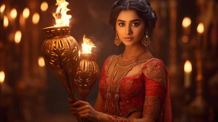 A young lady holding a torch in front of a lamp A young lady holding a torch in front of a lamp