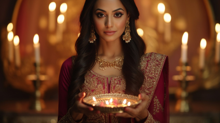 An indian bride holding a gold Diwali Diya An indian bride holding a gold Diwali Diya