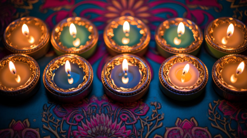 Diwali lights with candles sat on a red pattern Diwali lights with candles sat on a red pattern
