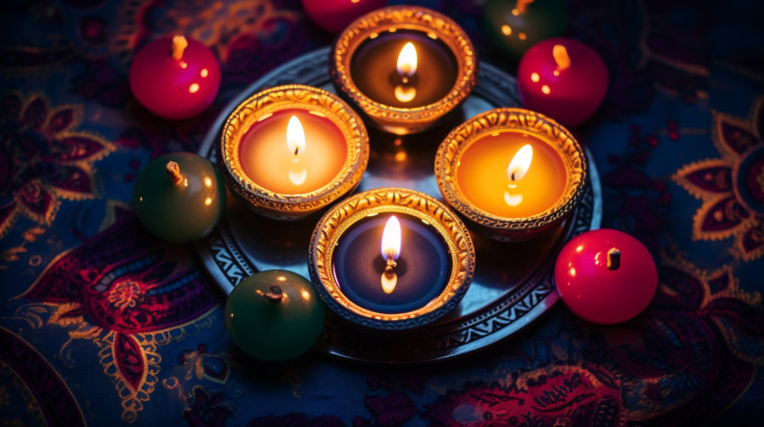 Red Pattern with Diwali Lights and Candles Red Pattern with Diwali Lights and Candles