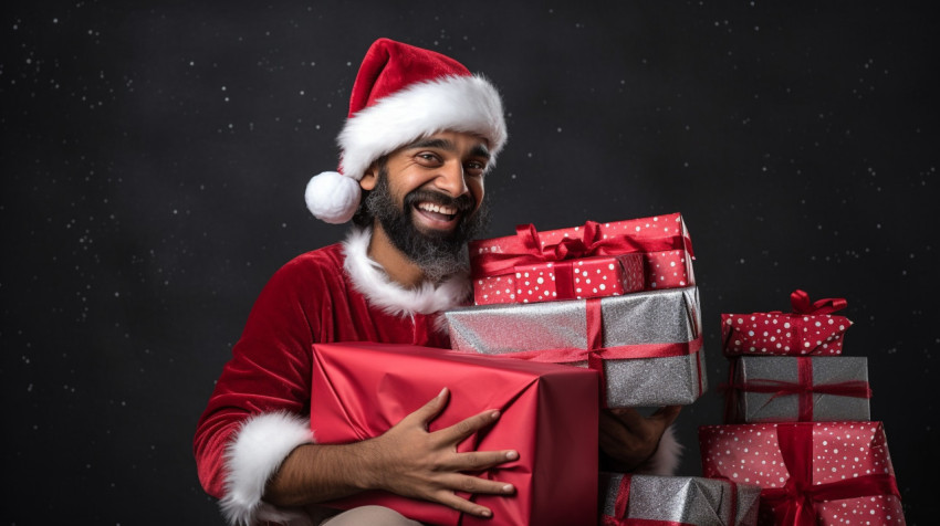 Photo showing girl wearing santa hat and holding gift box