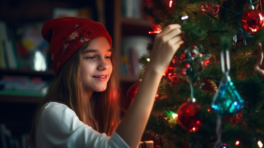 A girl in santa hat decorating the christmas tree