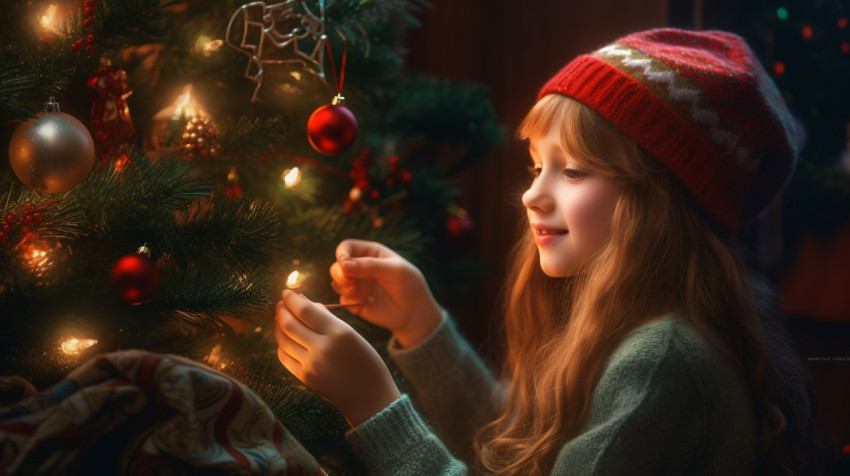 Girl in Santa Hat Decorating Christmas Tree