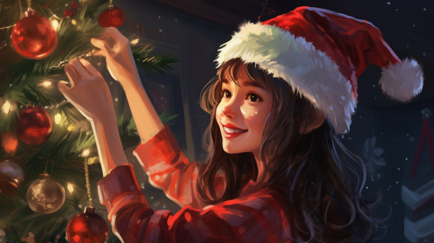 Cute Girl in Santa Hat Decorates Christmas Tree