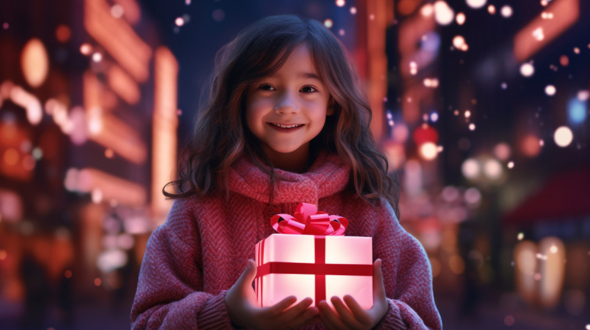 A young girl holds a present box outdoors in a Christmas light s