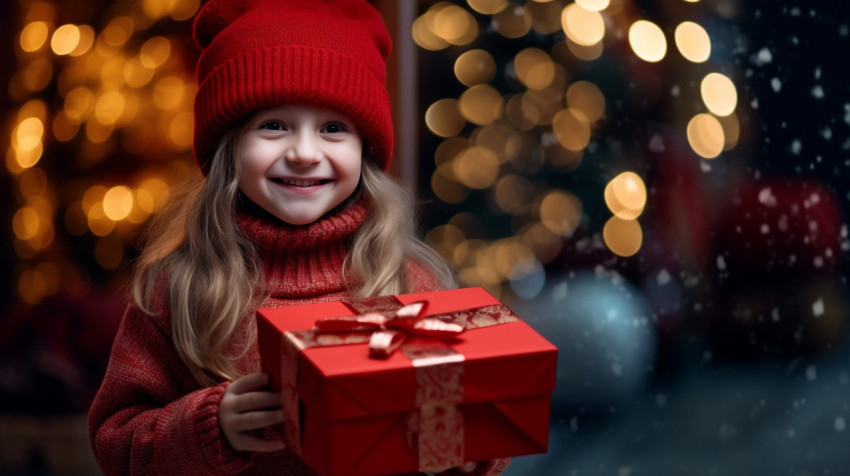 Little girl holds a present box while smiling