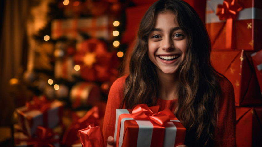 Happy girl smiling from the camera holding presents