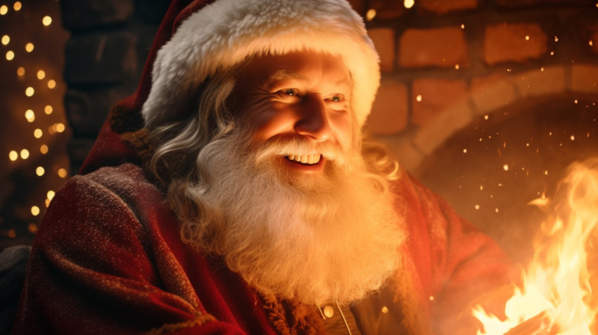 A portrait of santa with his beard glowing in the light of a fir