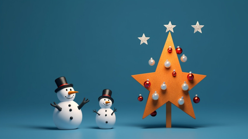 Christmas snowmen next to a christmas tree on a blue background