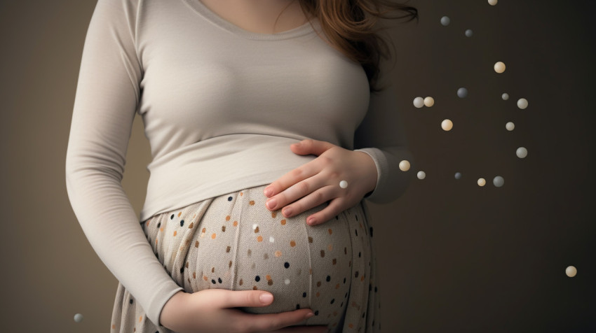 pregnant woman holding belly and holding a pen