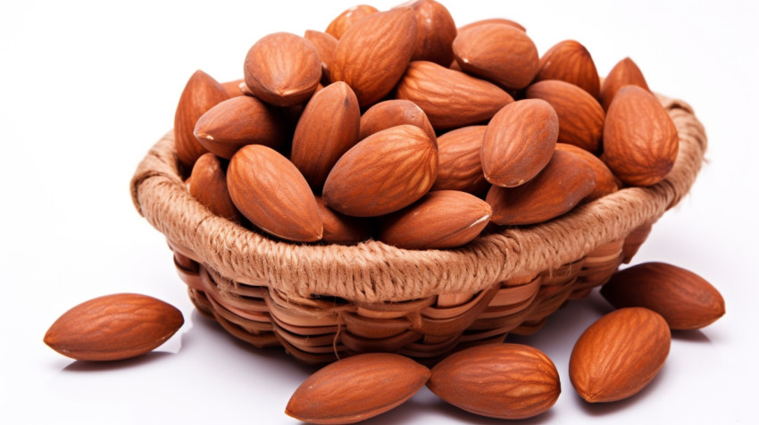 a basket of freshly picked almonds sits on a white background